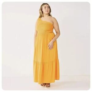 Nine West NWT One-Shoulder Smocked Maxi Dress Plus Size 2X Yellow Tiered Holiday